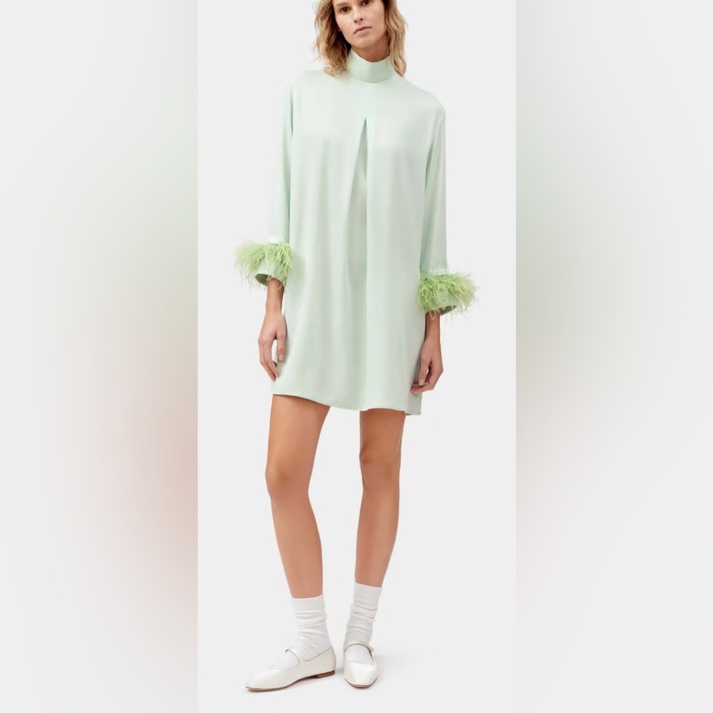 SLEEPER Party Shirt Dress w/Ostrich Feathers Mint Green Size S NWT Satin Mini